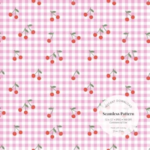 Rosa Kirsch Gingham Nahtloses Muster - Niedliches Obst Digitales Papier, Retro Cottagecore JPG für Scrapbooking & Stoffprojekte