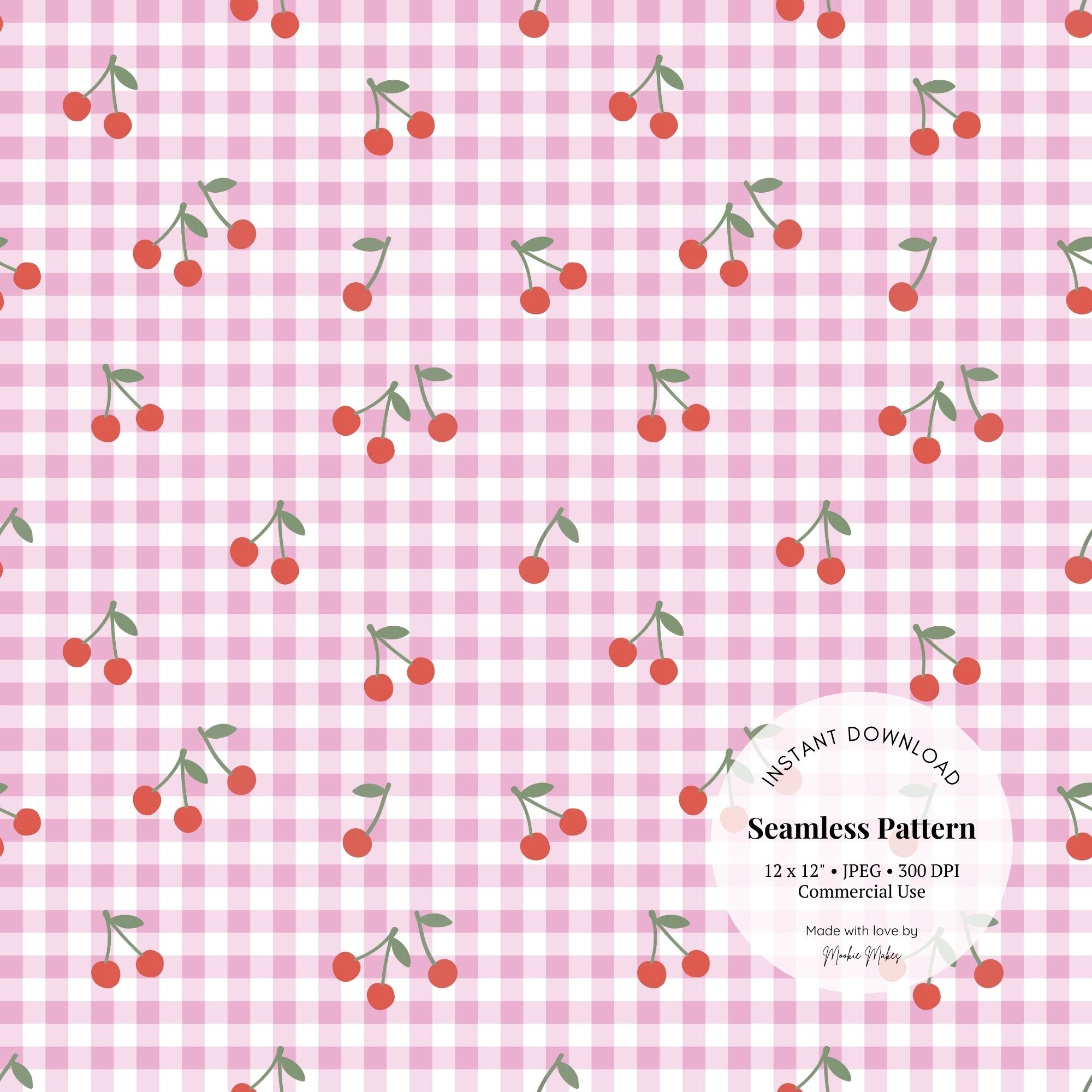 Pink Cherry Gingham Seamless Pattern: Retro Cottagecore Digital