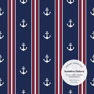 Motif nautique rouge blanc bleu - Papier numérique ancre patriotique, JPG à rayures transparentes pour créations artisanales du 4 juillet et tissu côtier