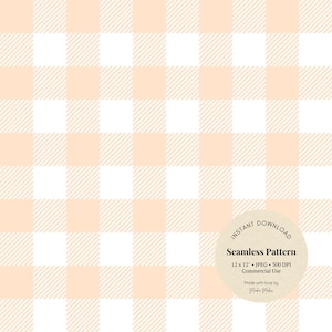 May include: A seamless digital paper pattern featuring a white and peach gingham design. The pattern is 12 inches by 12 inches and 300 DPI. It is for commercial use.