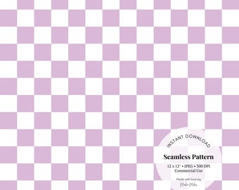 May include: A seamless pattern digital download featuring a checkered design with alternating white and light purple squares. The pattern is 12 inches by 12 inches and has a resolution of 300 DPI. It is for commercial use.