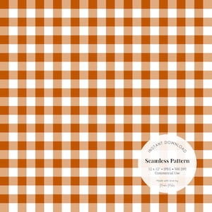 May include: A seamless pattern featuring a classic orange and white gingham check design. The pattern is a repeating grid of squares, creating a visually appealing and versatile background. The image includes the text "Instant Download" and "Seamless Pattern".
