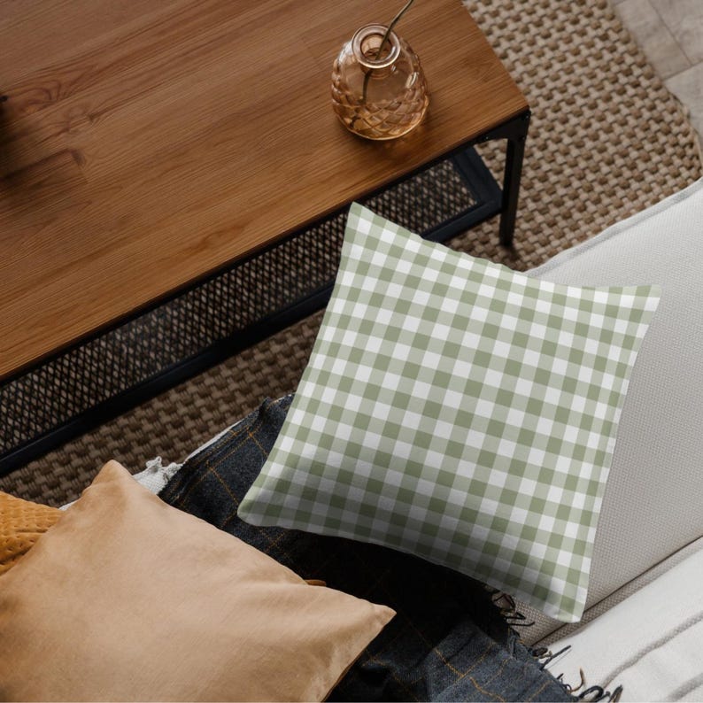 Cushion design using olive green gingham seamless pattern – soft green check fabric mockup