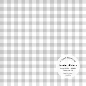 Może przedstawiać: Cyfrowy plik do pobrania z bezszwowym wzorem w biało-szare kraty. Pobieranie zawiera obraz JPEG o wymiarach 12x12 cali, 300 DPI, odpowiedni do użytku komercyjnego.
