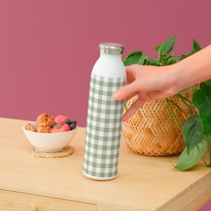 ater bottle wrapped in olive green gingham seamless pattern – natural check printable design