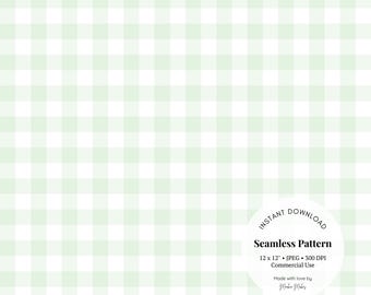 May include: A seamless pattern digital download featuring a green and white gingham pattern. The pattern is 12 inches by 12 inches and has a resolution of 300 DPI. It is for commercial use.