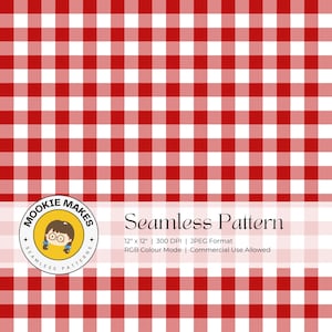 May include: A seamless red and white gingham pattern. The pattern is 12 inches by 12 inches and 300 DPI. It is in JPEG format and RGB color mode. Commercial use is allowed.