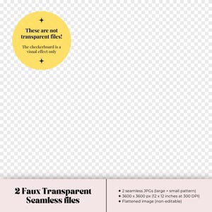 Peut inclure: Image d'un produit numérique avec un cercle jaune indiquant "These are not transparent files!" et "The checkerboard is a visual effect only." En dessous, le texte indique "2 Faux Transparent Seamless files."