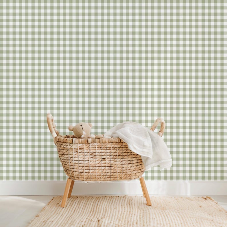 Nursery wallpaper with olive green gingham seamless pattern – cozy checkered digital paper