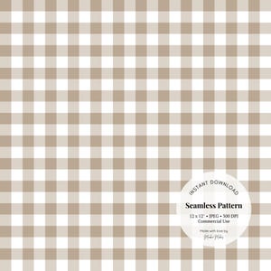 Peut inclure: Un motif sans couture avec un design gingham brun et blanc. Le motif mesure 12 pouces sur 12 pouces et a une résolution de 300 DPI. Il est disponible pour un usage commercial.