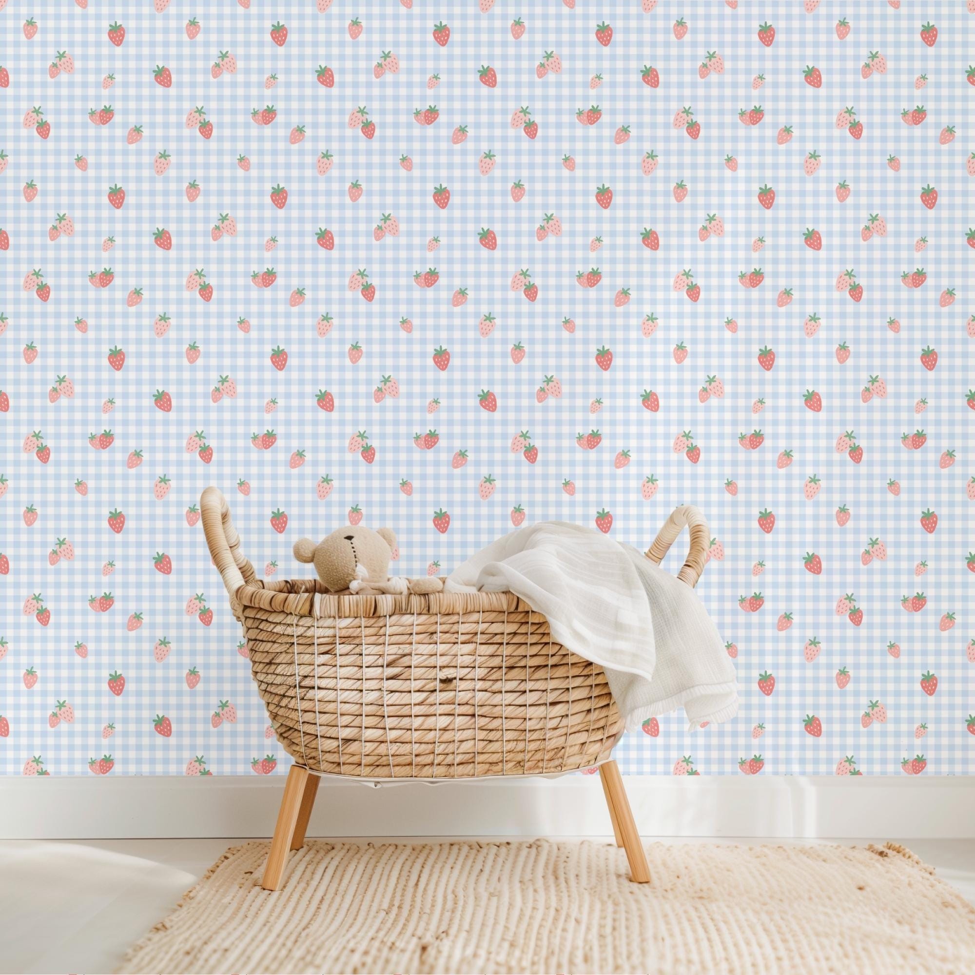 Blue Strawberry Gingham Pattern: Kawaii Digital Paper for Nursery 