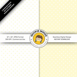 Könnte beinhalten: Digitales Design mit zwei nahtlosen Polka-Dot-Mustern, regulär und umgekehrt, auf gelbem Hintergrund mit weißen Punkten. Das Bild enthält den Text "12" x 12" JPEG Format" und "Seamless Digital Design INSTANT DOWNLOAD". Das Design ist 30,48 cm x 30,48 cm.