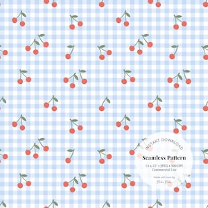 Blaues Kirsch Gingham Muster - Süße Retro Beere Digitales Papier, JPG Download zum selbst ausdrucken oder verschenken