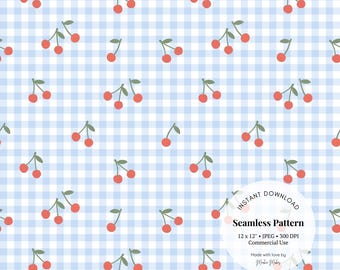 Cherry Gingham Seamless Pattern: Retro Nursery Digital Paper (JPG Download)