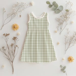 Baby dress mockup using olive green gingham seamless pattern – rustic olive printable fabric