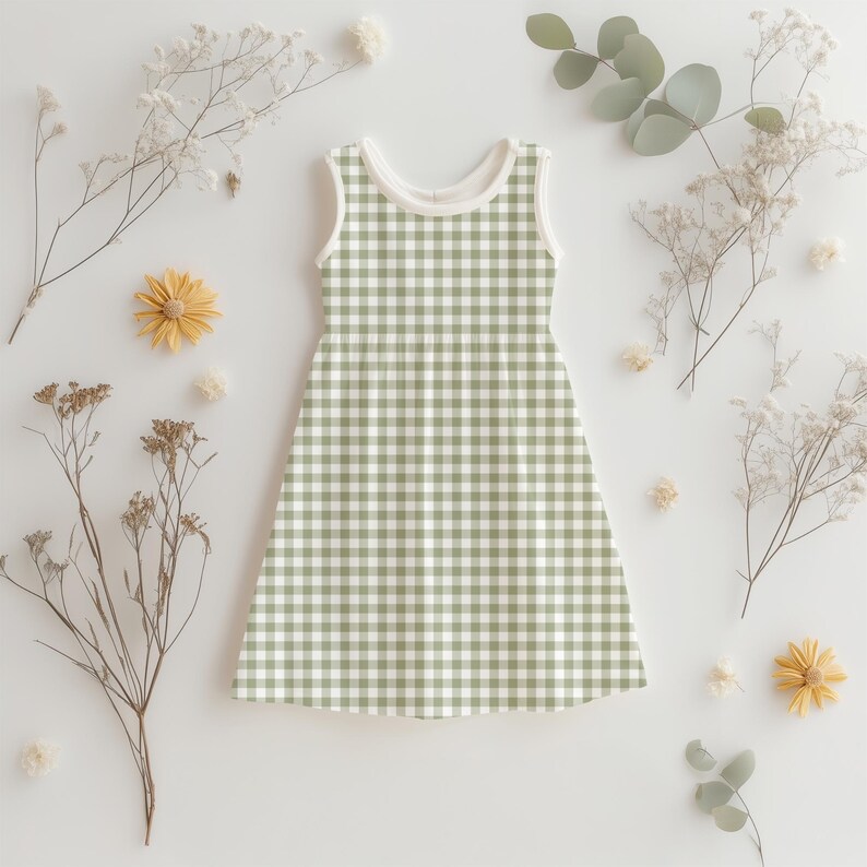 Baby dress mockup using olive green gingham seamless pattern – rustic olive printable fabric