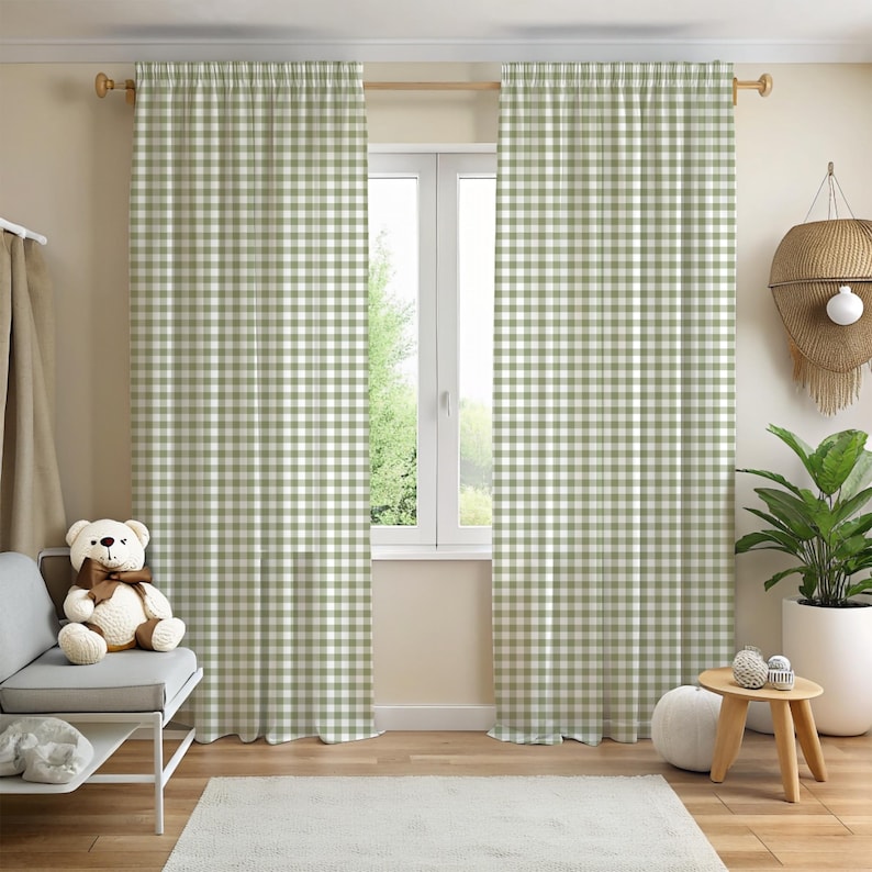Curtains with olive green gingham seamless pattern – ideal for cozy cottage or farmhouse decor