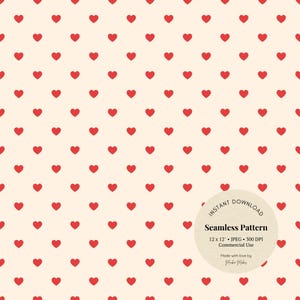 Puede incluir: Un patrón sin costuras con pequeños corazones rojos repetidos sobre un fondo crema. El patrón es una descarga digital, apta para uso comercial. El texto "Seamless Pattern" está incluido. El tamaño es de 12 x 12 pulgadas.