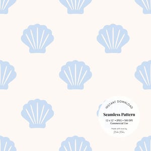 Papel digital náutico con diseño de conchas azules para scrapbooking y manualidades. Minimalista costero, 30 x 30 cm, JPG. Descarga.