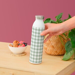 Water bottle wrapped in sage green gingham seamless pattern – pastel checkered, digital clipart mockup
