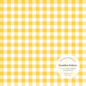 Puede incluir: Un patrón sin costuras con un diseño de cuadros vichy amarillo y blanco. El patrón mide 30,5 cm por 30,5 cm y es de 300 DPI. Está disponible para uso comercial.