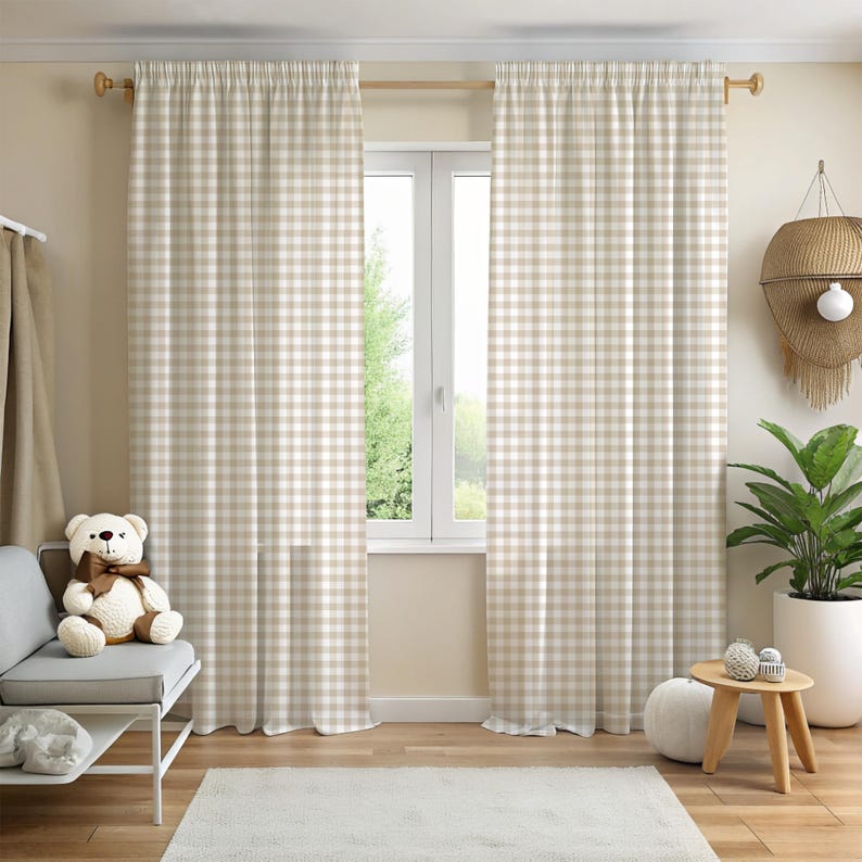 Curtains featuring beige gingham seamless pattern – ideal for nursery, kids room or soft decor