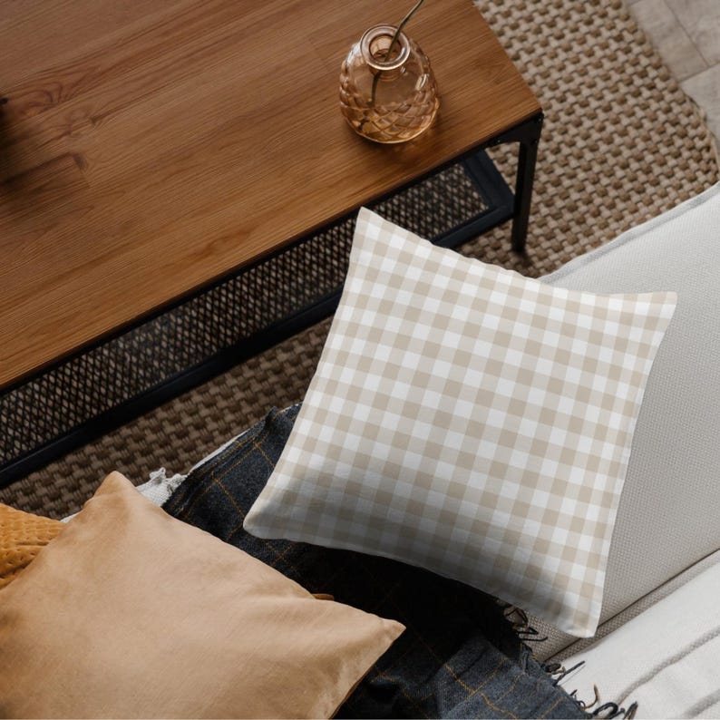 Cushion design using beige gingham seamless pattern – soft tan checks digital fabric mockup