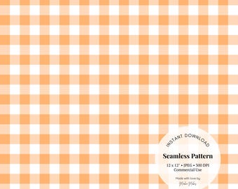 May include: Orange and white gingham seamless pattern. The design features a repeating pattern of orange and white squares. The image includes the text "INSTANT DOWNLOAD" and "Seamless Pattern".