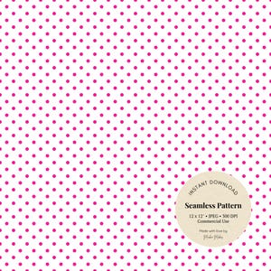 May include: Seamless pattern featuring a repeating design of small, evenly spaced magenta polka dots on a white background. The image includes a circular graphic with the text "Instant Download" and "Seamless Pattern".