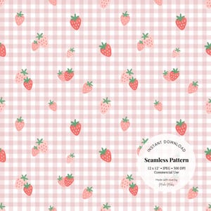 Rosa Erdbeer Gingham Musterdesign - Süße Früchte Digitales Papier, Kawaii Retro JPG für Scrapbooking, Stoff & Kinderzimmer Dekor