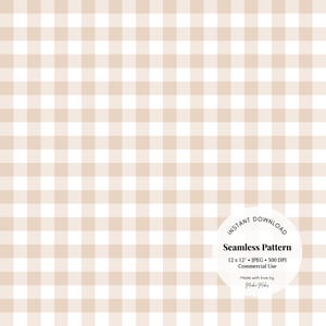 Könnte beinhalten: Ein nahtloses digitales Papiermuster mit einem beige-weißen Gingham-Design. Das Muster ist 30,48 cm x 30,48 cm groß und hat 300 DPI. Es ist für kommerzielle Zwecke bestimmt.
