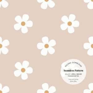 以下が含まれることがあります： 薄い茶色の背景に、黄色い中心を持つ白いデイジーが並んだシームレスパターン。パターンは12インチ×12インチで、300DPIです。商用利用可能です。