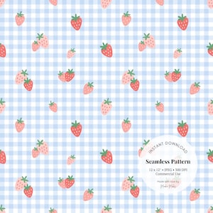 Blaue Erdbeere Gingham Muster - Süße Früchte Digitales Papier, Kawaii JPG Download für Scrapbooking & Kinderzimmerdeko