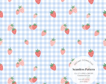 Blue Strawberry Gingham Pattern: Kawaii Digital Paper for Nursery 