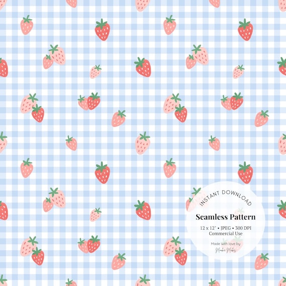 Blue Strawberry Gingham Pattern: Kawaii Digital Paper for Nursery 