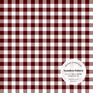 Może przedstawiać: Bezszwowy wzór w klasycznym czerwono-białym wzorze w kratę vichy. Obraz zawiera tekst "INSTANT DOWNLOAD" i "Seamless Pattern". Wzór ma wymiary 12 x 12 cali, JPEG, 300 DPI i do użytku komercyjnego.