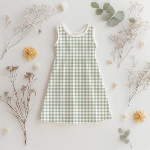 Baby dress mockup using sage green gingham seamless pattern – cottagecore pastel printable fabric
