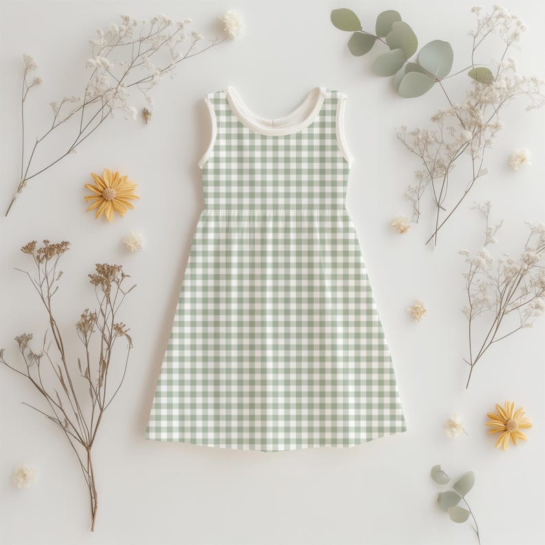 Baby dress mockup using sage green gingham seamless pattern – cottagecore pastel printable fabric