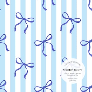 Blue Bow Stripe Pattern – baby blue ribbon seamless digital paper, kawaii stripe JPG for nursery decor or fabric crafts