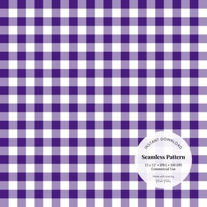 May include: A seamless pattern featuring a purple and white gingham design. The image includes a white circle with the text "INSTANT DOWNLOAD" and "Seamless Pattern". The pattern is 12 x 12 inches, JPEG, 300 DPI, and for commercial use.