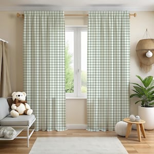 Curtains featuring sage green gingham seamless pattern – ideal for nursery, kids room or soft decor