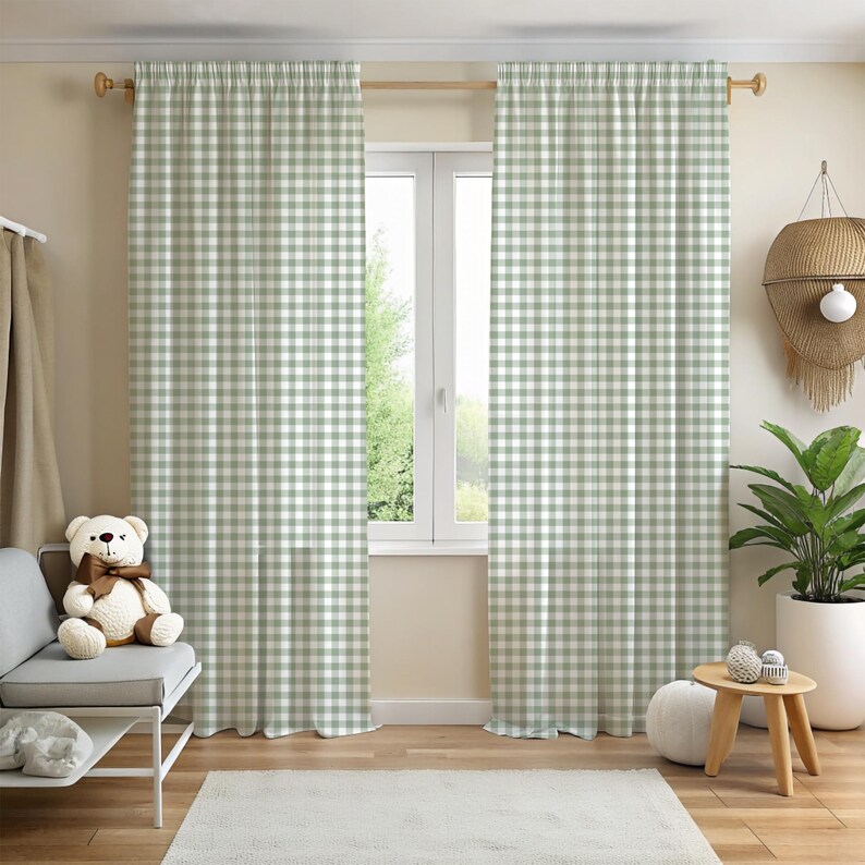 Curtains featuring sage green gingham seamless pattern – ideal for nursery, kids room or soft decor