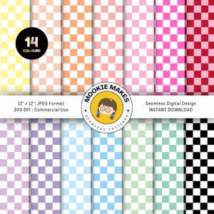 Checker Digital Paper Pack – 14 Seamless JPEG Patterns in Pastel and Bold Colours for Scrapbooking & Crafts 12&quot;x12