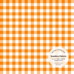 May include: A seamless pattern digital download featuring a bright orange and white gingham check design. The pattern is 12 inches by 12 inches and 300 DPI. It is for commercial use.