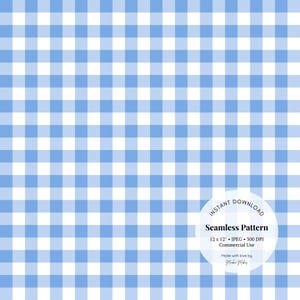 May include: A seamless digital paper pattern with a blue and white gingham design. The pattern is 12 inches by 12 inches and 300 DPI. It is for commercial use.