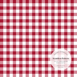 May include: Red and white gingham pattern, seamless digital paper, 30.5 cm by 30.5 cm, 300 DPI, for commercial use.