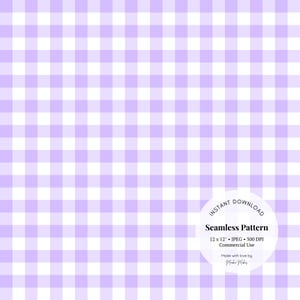 May include: A seamless pattern with a light purple and white gingham design. The pattern is 12 inches by 12 inches and 300 DPI. It is for commercial use.