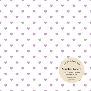 May include: A seamless pattern featuring a repeating design of small, light purple hearts on a white background. The image includes a circular graphic with the words "Instant Download" and "Seamless Pattern".