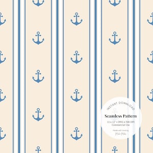 Motif nautique bleu crème - Papier numérique à rayures d'ancre, JPG de style Hamptons sans couture pour le tissu, la décoration et les travaux manuels imprimables