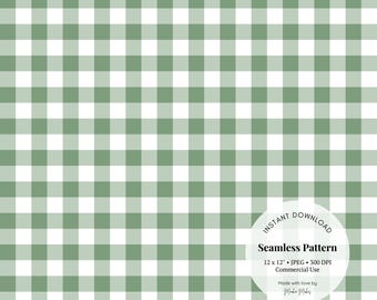 May include: A seamless green and white gingham pattern. The pattern is 12 inches by 12 inches and is 300 DPI. It is for commercial use. The text "INSTANT DOWNLOAD" and "Seamless Pattern" is in a circle.